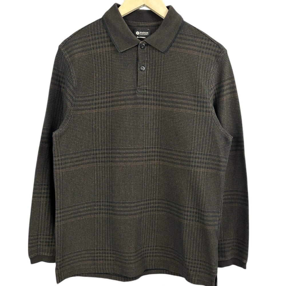 Haggar Plaid Long Sleeve Brown Polo Shirt Size Medium